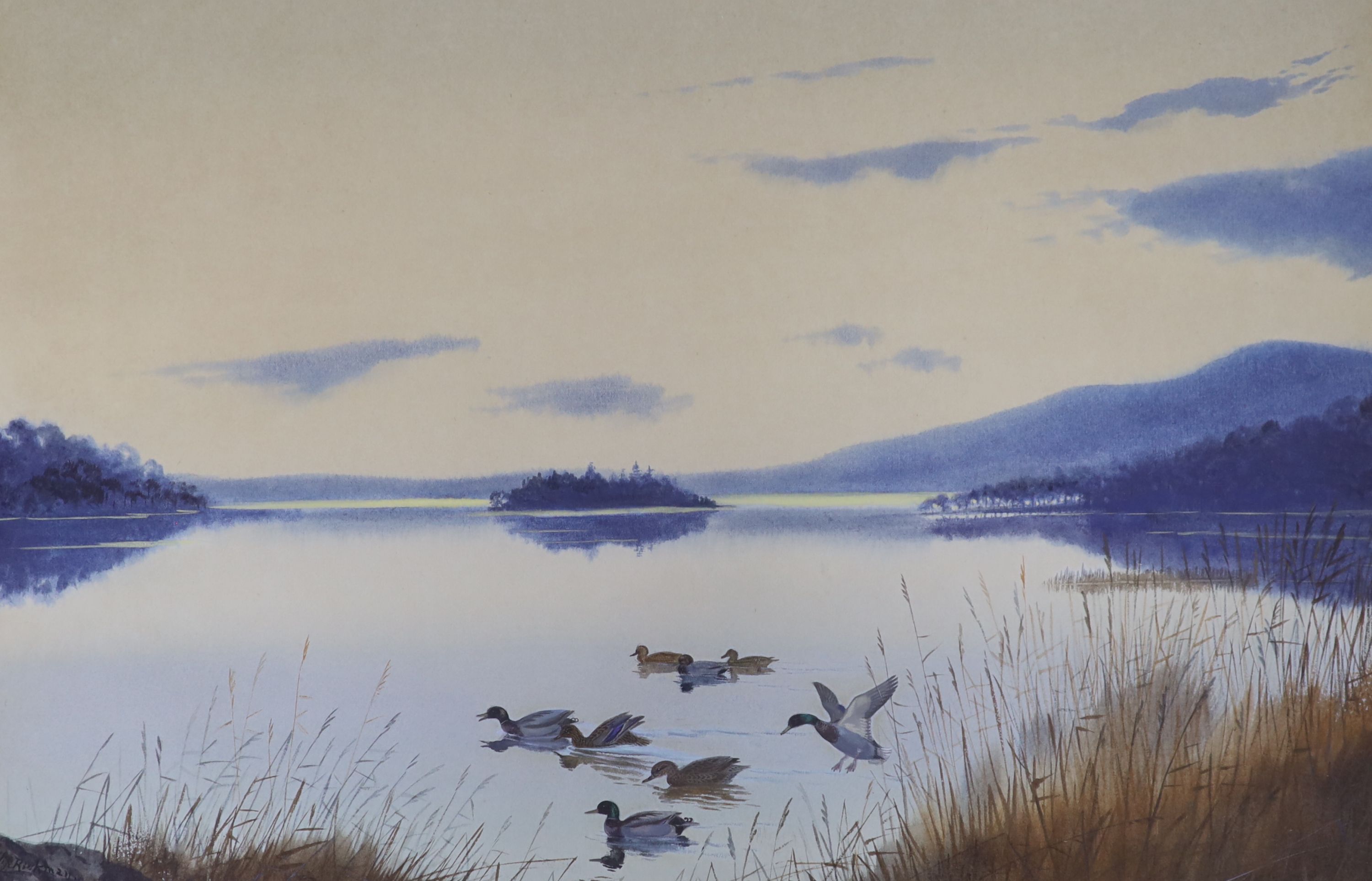 Philip Rickman, watercolour, Lake of Menteith, signed, 25 x 37cm together with a Rickman print 'Puffed with cold'